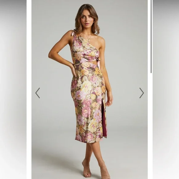 GLAUCUS MIDI DRESS, FLORAL - ONE SHOULDER CUT OUT - Picture 1 of 3